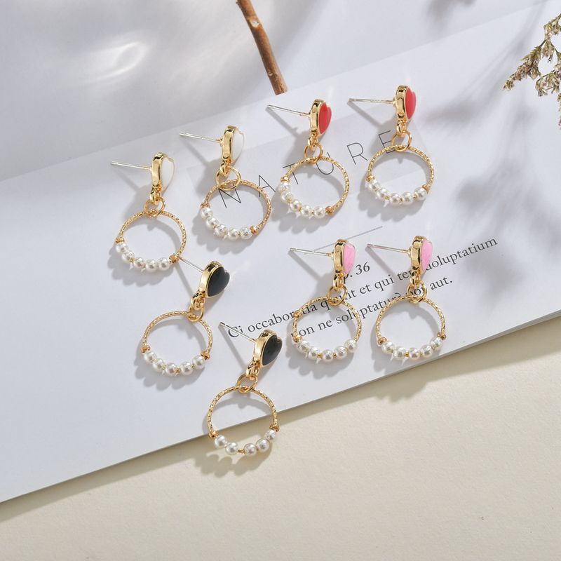 Corea Dulce Rosa Amor Pendientes En Forma De Corazón Patrón Simple Círculo Elegante Pendientes De Perlas Al Por Mayor Nihaojewelry