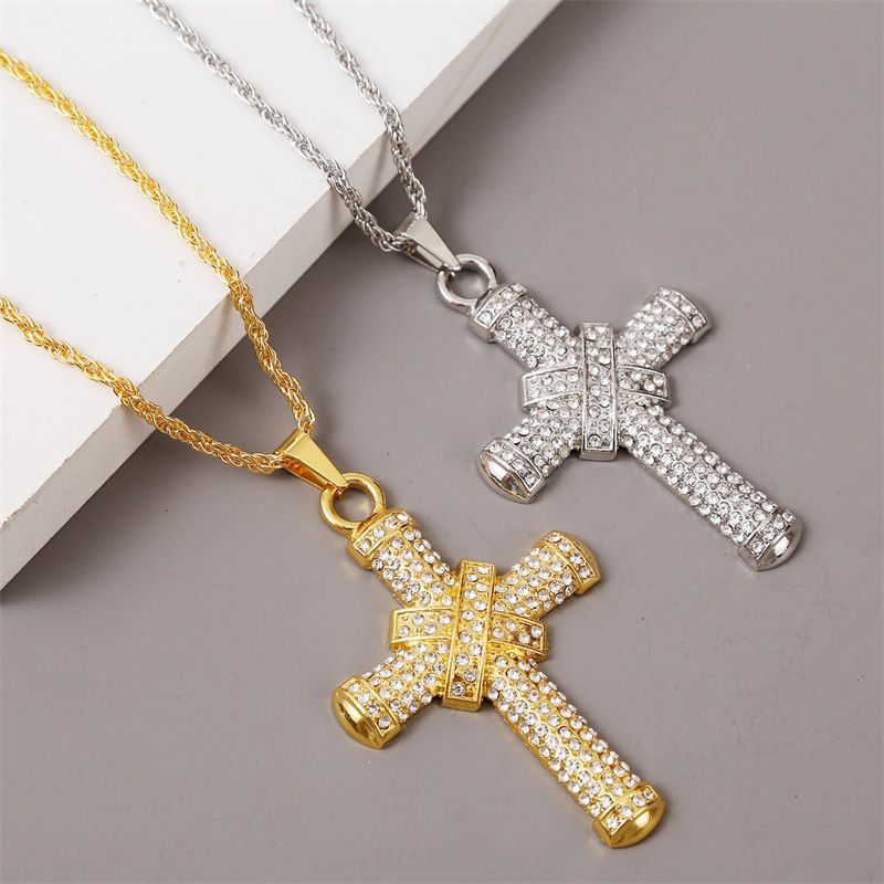 Hip Hop Creative Diamond Cross Necklace Long Exaggerated Pendant Jewelry Wholesale Nihaojewelry