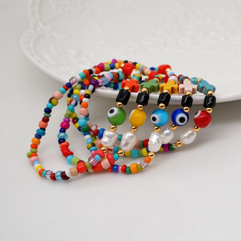 Farbiges Reis Perlen Armband Weiblicher Natürlicher Süßwasser Perlen Einfaches Kreatives Kreuz Handgemachter Schmuck Im Europäischen Und Amerikanischen Ethnischen Stil