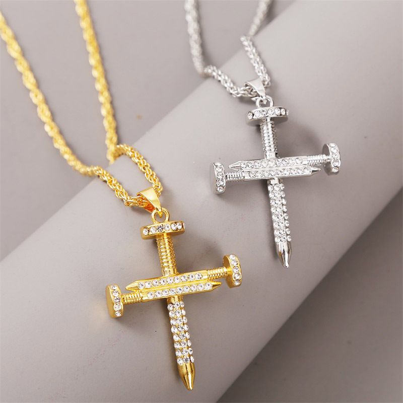 Exaggerated Nail-shaped Rhinestone Cross Hip-hop Necklace Neutral Long Pendant Wholesale Nihaojewelry