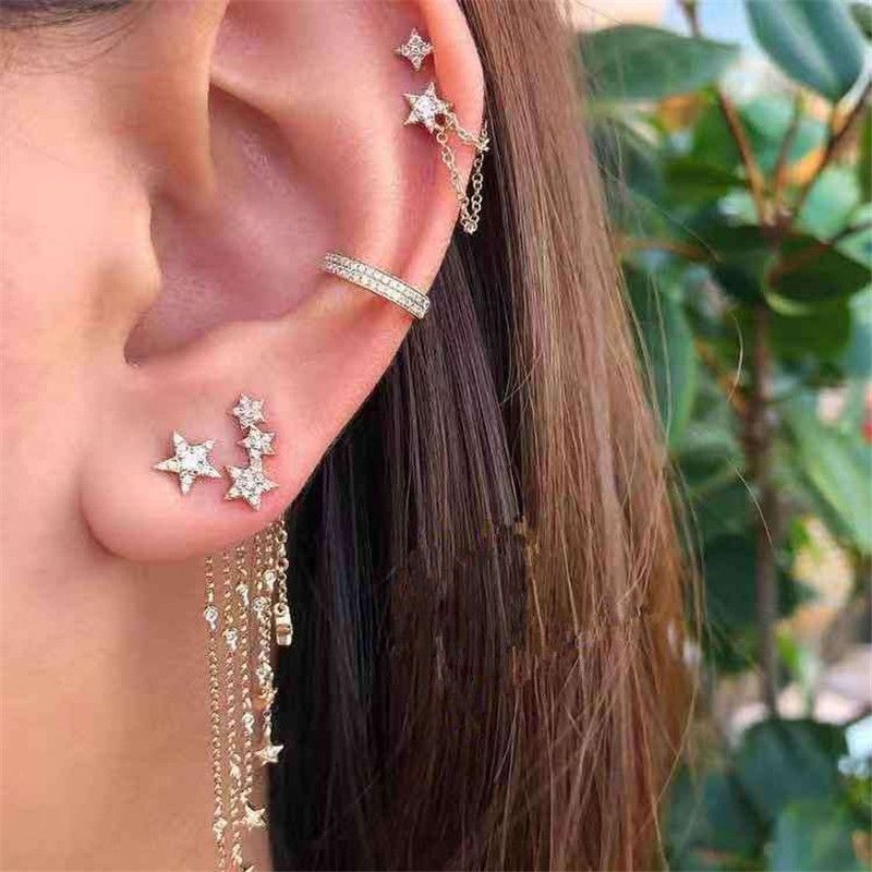 Fashion Five-pointed Star Tassel Diamond Earrings White Diamond Star Earrings Set Wholesale Nihaojewelry