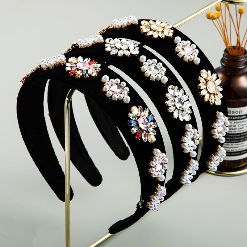 Fashion Gold Velvet Rhinestone Pearl Wide-brimmed Flower Headband Ball Retro Anti-skid Headband Wholesale Nihaojewelry