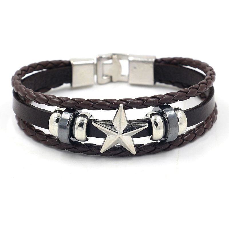 Retro Five-pointed Star Alloy Bracelet Men's Star Woven Leather Bracelet Jewelry Wholesale Nihaojewelry