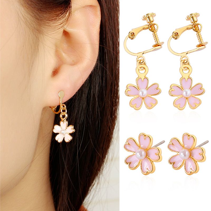 Pendientes De Perlas De Flor De Cerezo Rosa De Aceite Coreano Pendientes De Trébol Coreano Al Por Mayor Nihaojewelry