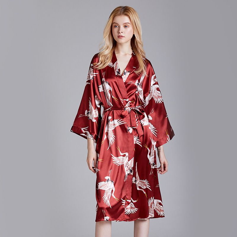 Silk  Pajamas Summer Fashion  New  Long Simple  Red  Robe Home Pajamas Wholesale Nihaojewelry