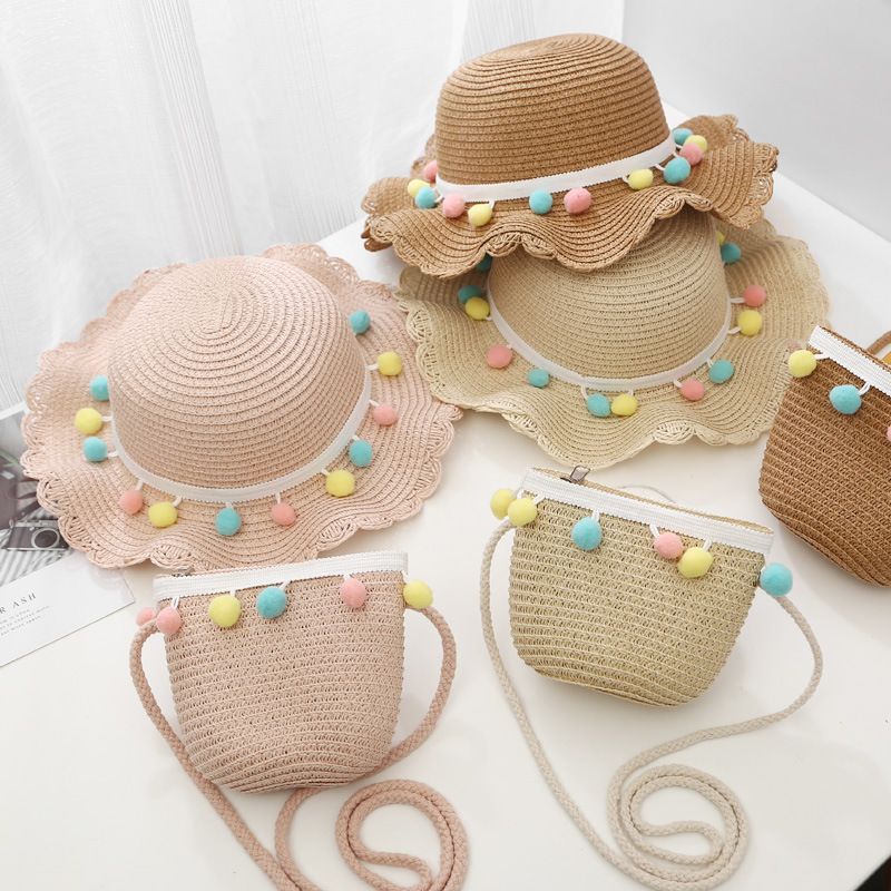 Children's Hats Girls Summer Shade Sunscreen Seaside Sun Hats Sweet Cute Crossbody Bag Colored Ball Lotus Leaf Straw Hat Wholesale Nihaojewelry