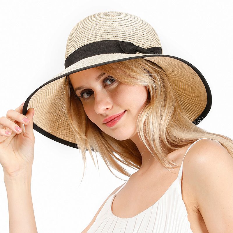 سيدة قبعة القش ، قبعات الشمس الصيفية الجديدة ، النسخة الكورية من الأقواس البسيطة وغير الرسمية ، قبعة الصياد المظلة