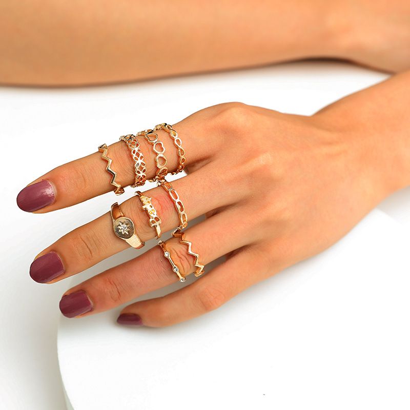 Korea Fashion Metal Diamond Ring Simple Retro Hollow Love Geometry 9 Piece Set Wholesale Nihaojewelry