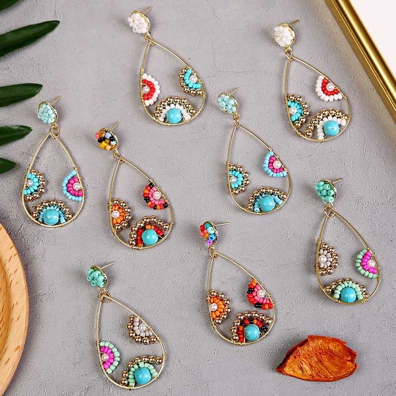 Bohemian Hand-woven Water Drop Rice Beads Earrings Geometric Earrings Jewelry Wholesale Nihaojewelry