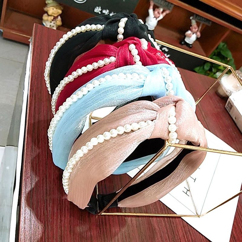 South Korea's Wide-brimmed Bright Silk Wrinkle Knot Hair Band High-end Boutique Handmade Pearl  Headband Wholesale Nihaojewelry