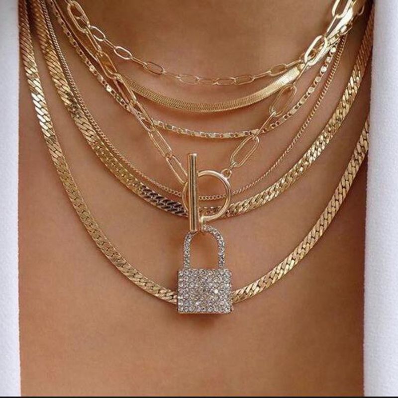 Hot Fashion Punk Style Alloy Multi-layer Necklace Creative Geometric Lock Pendant Necklace Wholesale Nihaojewelry