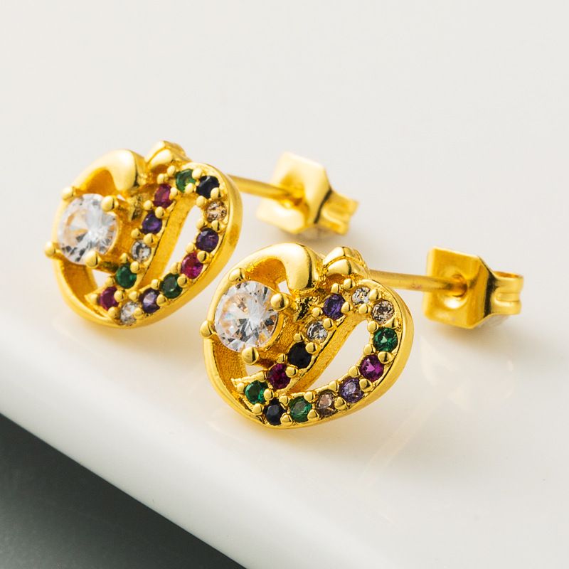 Hot Sale Geometric Heart-shaped Earrings Copper Micro-set Color Zircon Earrings Wholesale