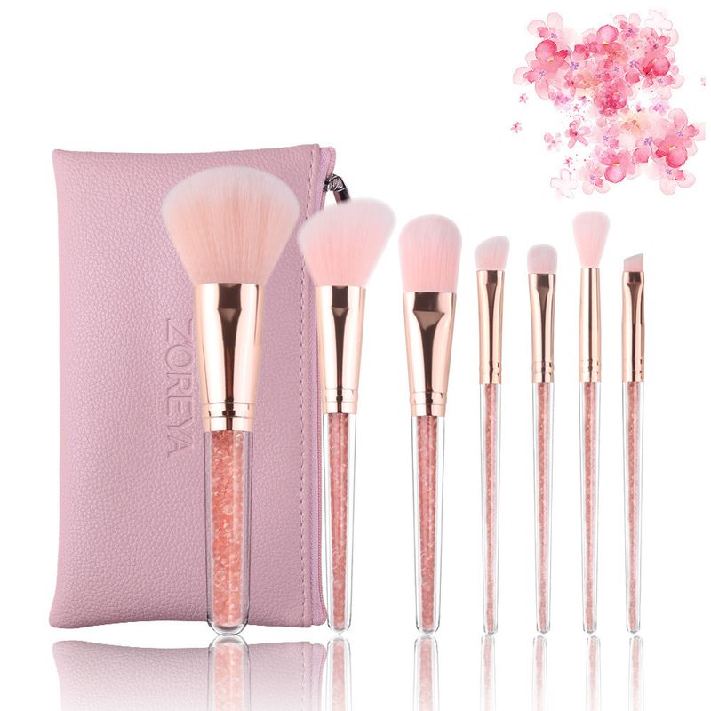 7 Pieces Crystal Makeup Brushes Diamond Plastic Handle Artificial Fiber Pink Bag Makeup Tools Wholesale Nihaojewelry