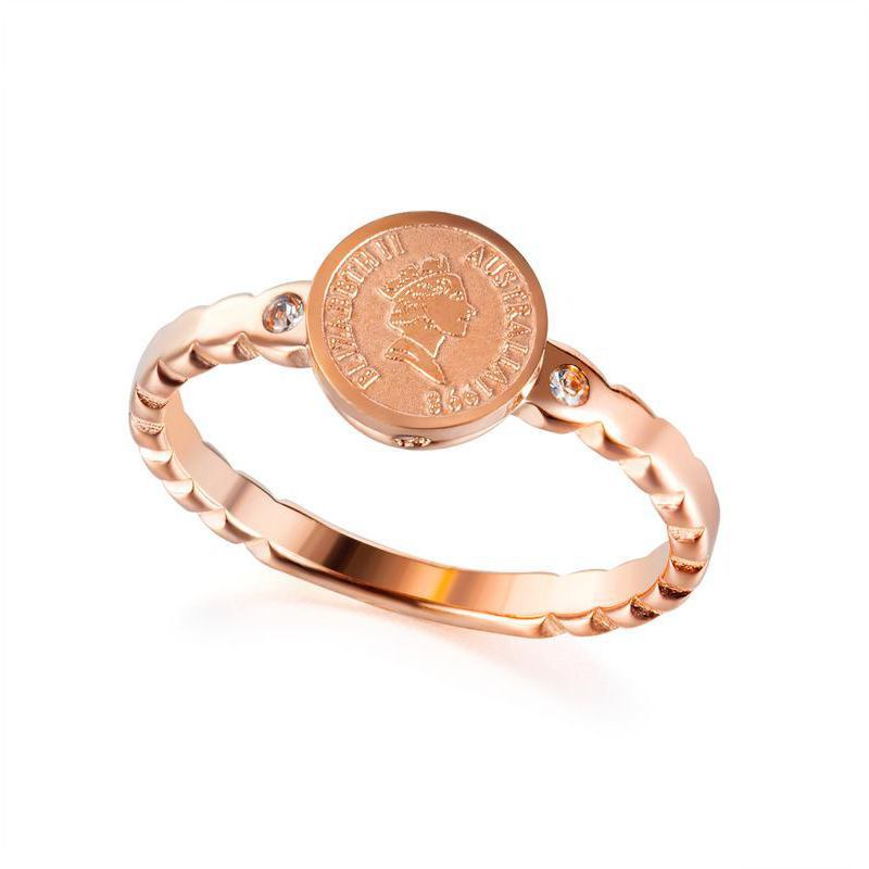New Rose Gold Stainless Steel Diamond Ring Retro Style Queen Coin Wild Jewelry Wholesale Nihaojewelry