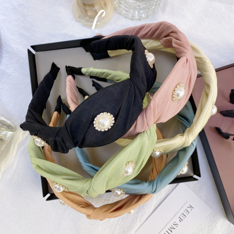 Korean Fashion Pearl Fold Headband Candy Solid Color Princess Fabric Diamond Wave Wide-brimmed Headband Wholesale Nihaojewelry