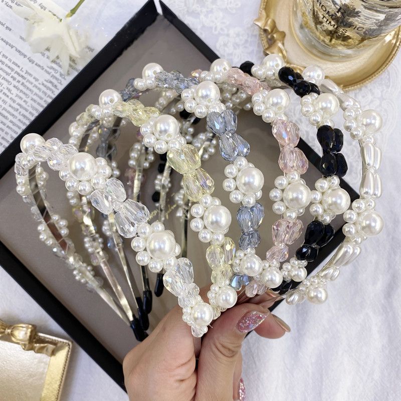 Korean Fashion Pearl Hair Band French Crystal Flower Baroque Bride Thin Headband   Wholesale Nihaojewelry