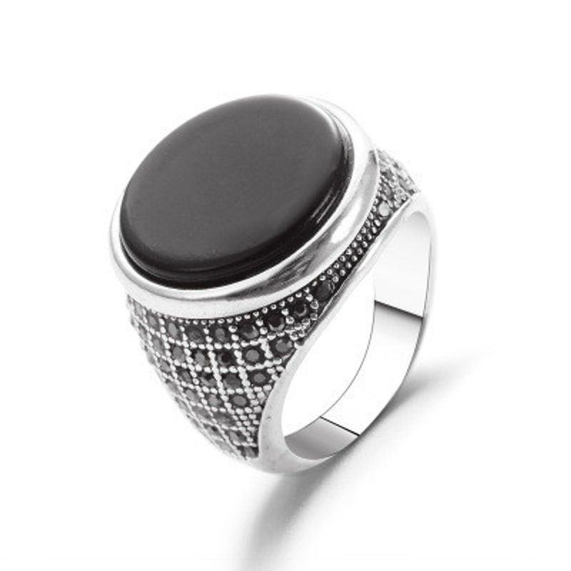 New Ring Retro Full Diamond Black Gemstone Ring Exaggerated Gemstone Ring Round Index Finger Ring Wholesale Niihaojewelry