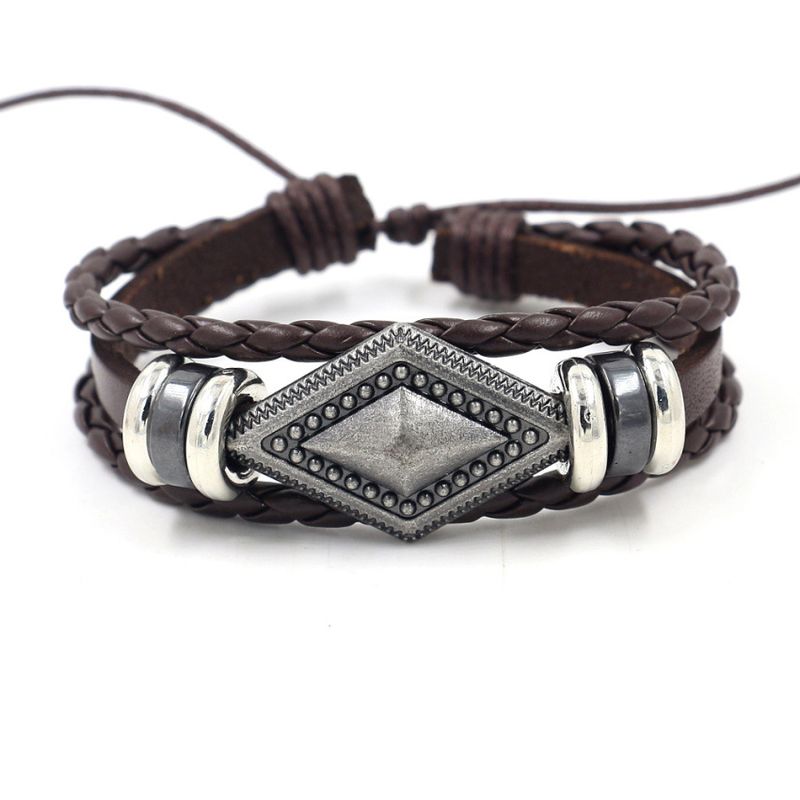 Simple Retro Woven Cowhide Bracelet Diy Geometric Diamond Men's Leather Bracelet Wholesale Nihaojewelry