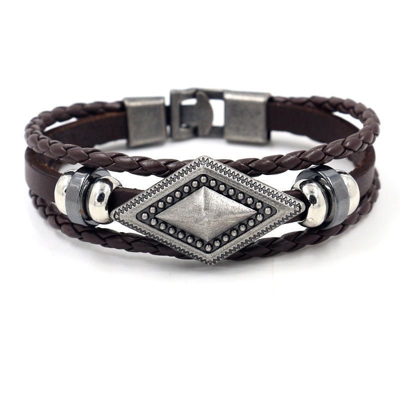 Joyería De Moda Hombres Hebilla Tejida Pulsera De Cuero De Vaca Geométrica Pulsera De Cuero De Diamantes Al Por Mayor Nihaojewelry