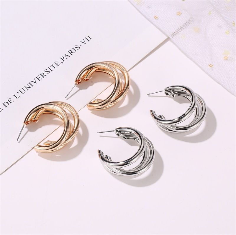 New Style Metal Three-layer Semicircle Cross Earrings Influx Of People Exaggerated Earrings Femininity Cold Wind C-type Earrings Wholesale Nihaojewelry