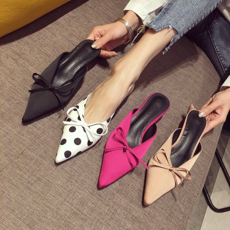 Spring Pointed Polka Dot Lazy Shoes Ladies With Thin Heel Bow Sandals Wholesale Nihaojewelry