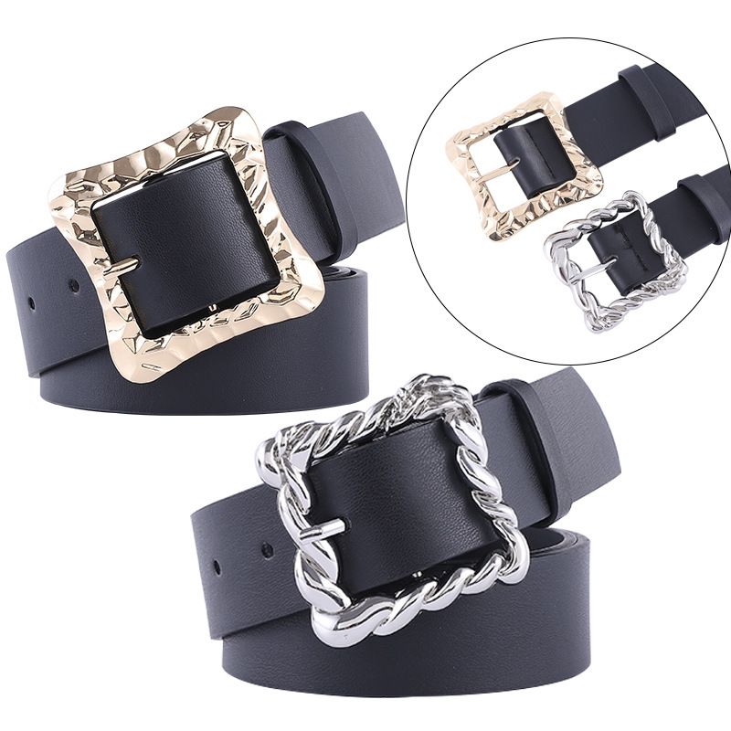 New Fashion Black Wide Belt Retro Combination Gold And Silver Buckle Geometric Square Buckle Concave Belt Wholesale Nihaojewelry