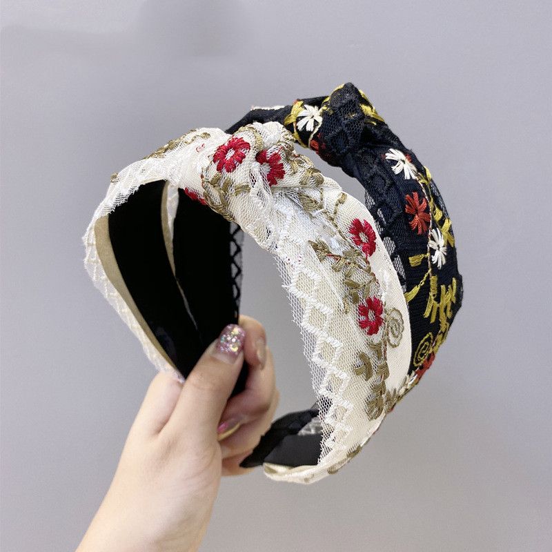 Korean Boutique Hair Accessories Embroidery Small Flower Headband Wide-edge Knotted Headband Wholesale Nihaojewelry