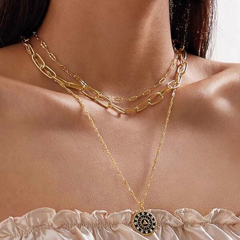 Fashion New Creative Diamond Compass Necklace Oval Chain Multilayer Necklace Wholesale Nihaojewelry
