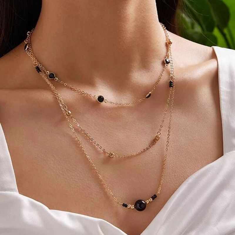 New Fashion Black Bead Necklace Creative Diamond-set Chain Rice Bead Multilayer Necklace Wholesale Nihaojewelry