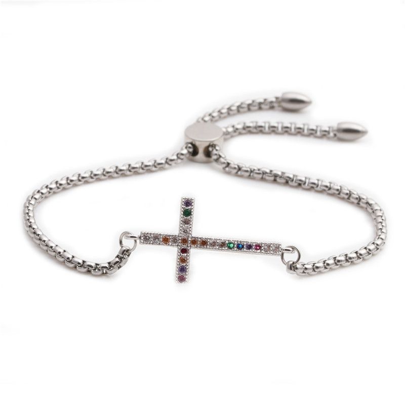 Bijoux De Mode Cuivre Micro-ensemble Blanc Zirconium Croix Bracelet Réglable Cadeau De Saint Valentin En Gros Nihaojewelry