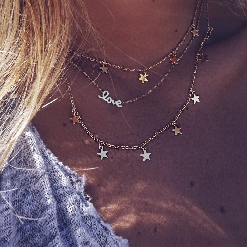 Hot-selling Bohemian Fashion Trend Metal Necklace Simple Multi-layer Five-pointed Star Letter Clavicle Chain Wholesale Nihaojewelry