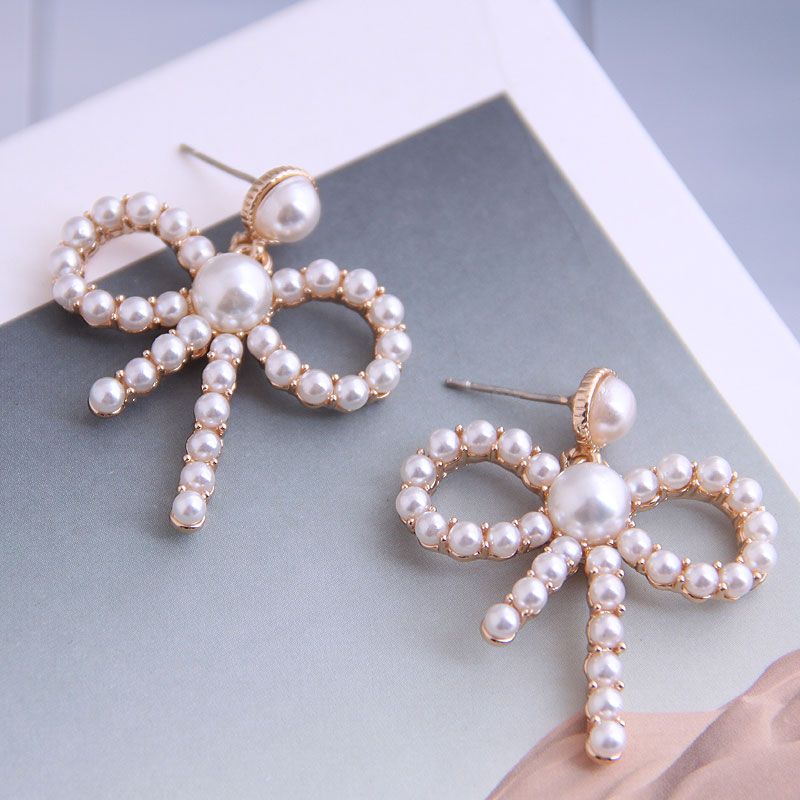 Boutique Korean Fashion Sweet Ol Bowknot Pearl Earrings Wholesale Nihaojewelry