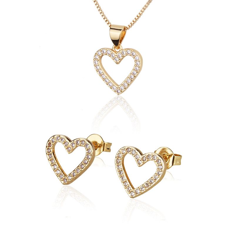 Neue Liebes Halskette Ohr Nadel Set Einfache Vergoldete Zirkon Anhänger Ohr Nadel Pfirsich Herz Halskette  Cross-border