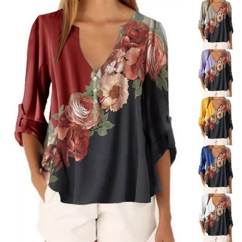 3/4 Length Sleeve Patchwork Casual Printing