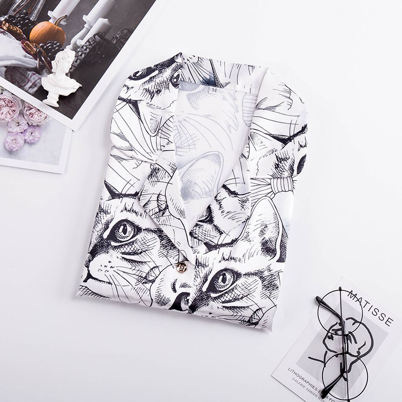 Pajamas Summer Silk Thin Section Mid-sleeved Cute Cat Shirt Skirt Outwear Wholesale Nihaojewelry