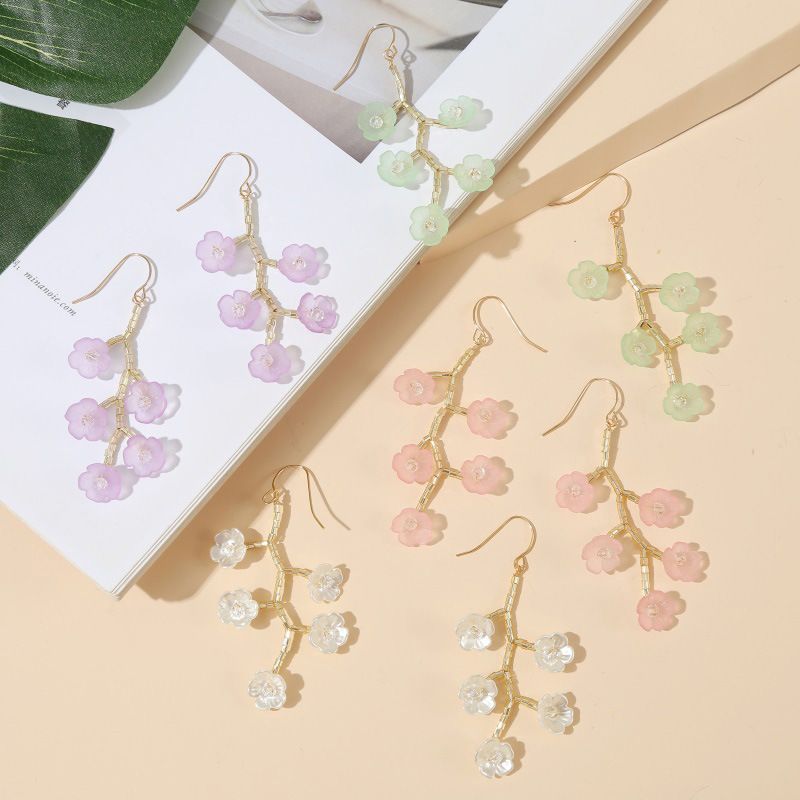 Korean  Long Hand-made Imitation Shell Tree Branch Flower Earrings New Trend Woven Crystal Earrings Jewelry Wholesale Nihaojewelry