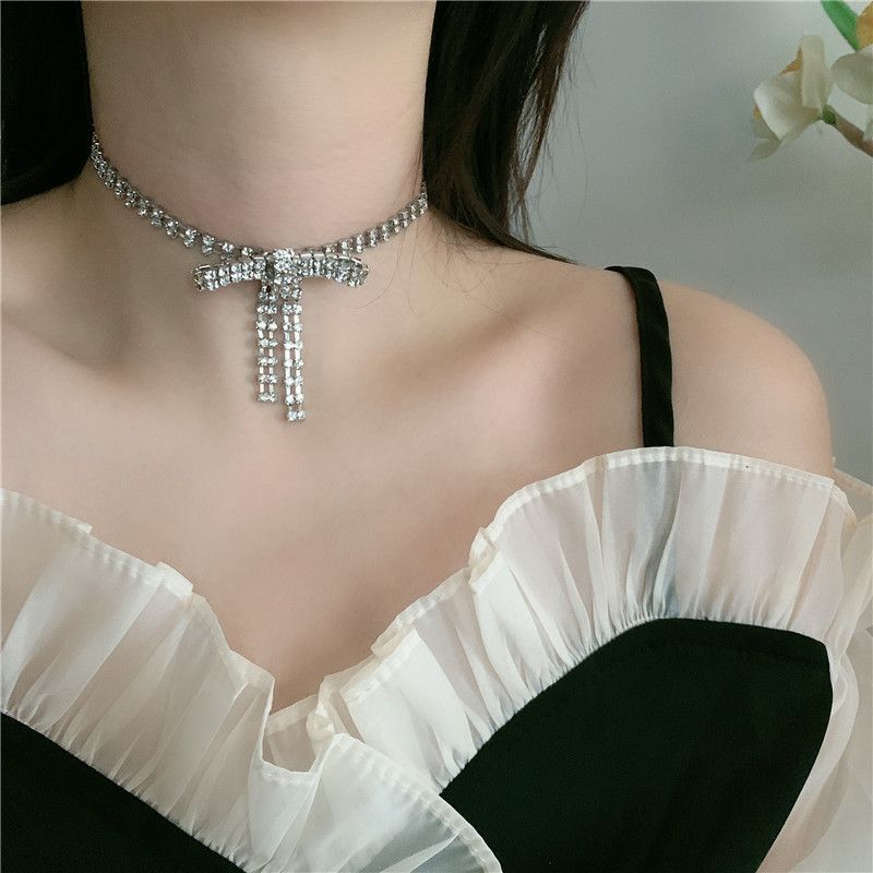 Chica Coreana Flash Diamante Arco Borla Cuello Cadena Corta Simple Clavícula Cadena Gargantilla Venta Al Por Mayor Nihaojewelry