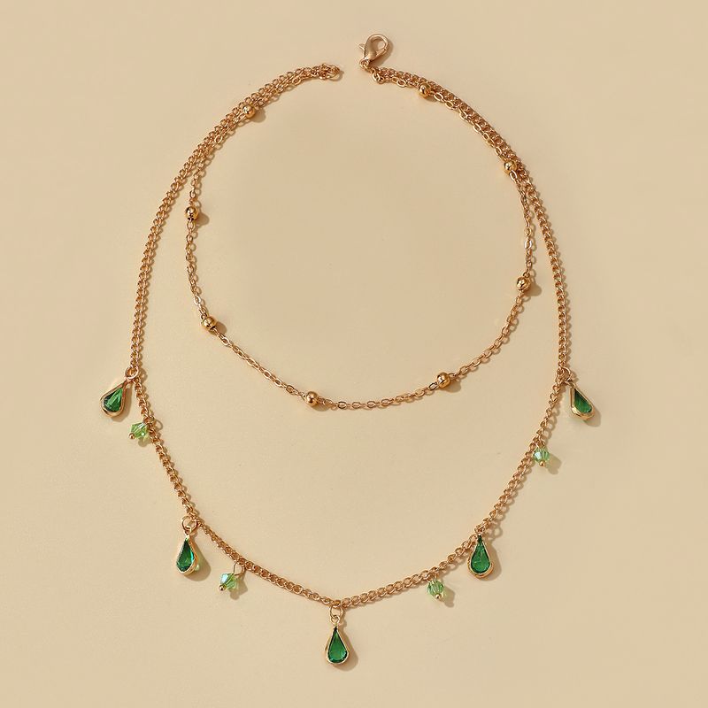 Pequeña Joyería Simple Moda Verde Diamante Gota Gota Collar Aleación Cadena Rhinestone Collar Venta Al Por Mayor Nihaojewelry