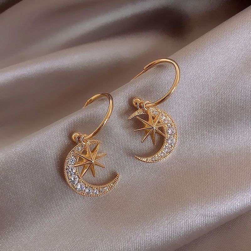 Nouvelle Étoile De Lune Plein Diamant Boucles D&#39;oreilles Plaqué Or Coréen Zircon Boucles D&#39;oreilles En Gros Nihaojewelry