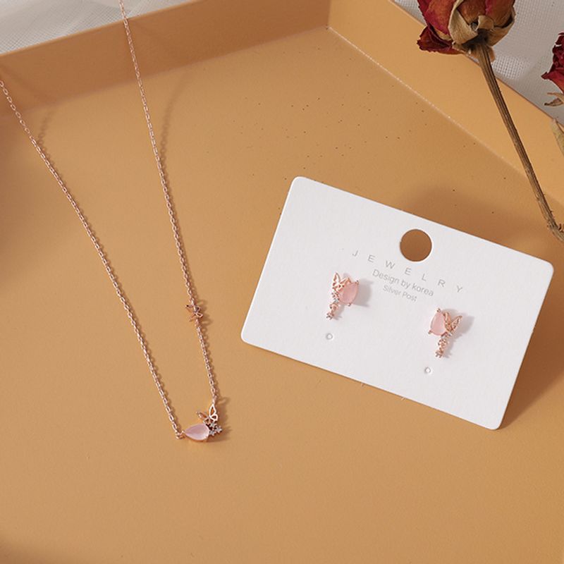 Sweet And Simple Pink Jade Micro-set Zircon Butterfly Earrings 925 Silver Needle Earrings Necklace Wholesale Nihaojewelry