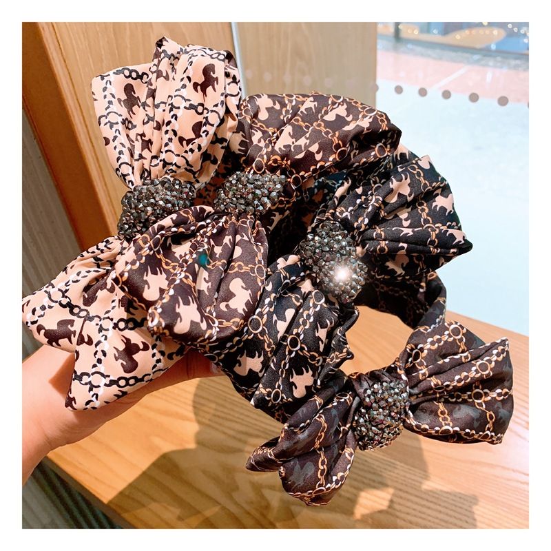 Korean Retro Silk Printing Wild Bow Full Diamond Wide-brimmed Hairpin Wholesale Nihaojewelry
