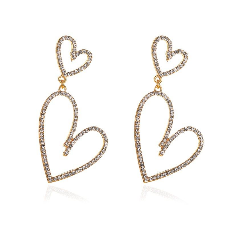 Exaggerated Long Diamond-encrusted Hollow Heart-shaped Earrings Micro-inlaid Double Heart Earrings Wholesale Nihaojewelry