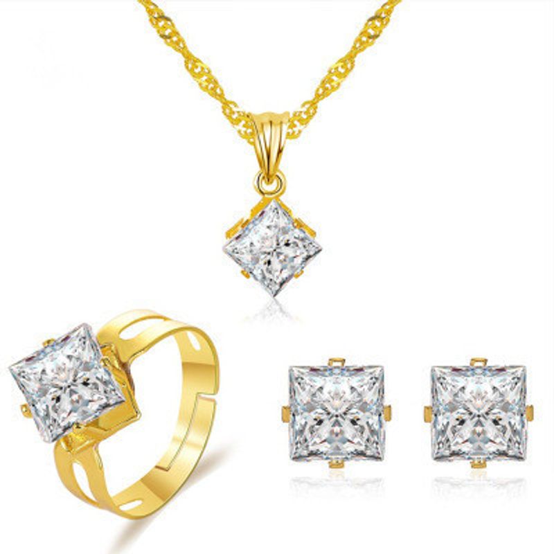 New Crystal Set Jewelry Women's Fashion Party Dress Accessories Square Zircon Three-piece Jewelry Wholesale Nihaojewelry