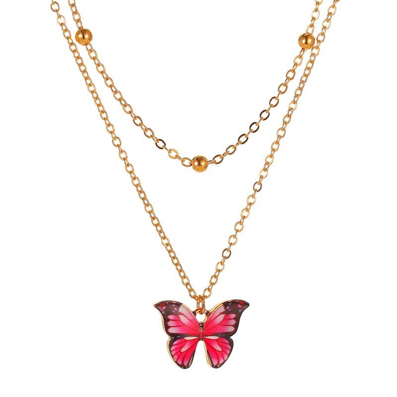Collar Doble Colgante De Mariposa De Cuentas Retro Cadena De Clavícula De Mariposa De Color De Sueño De Moda Para Mujer