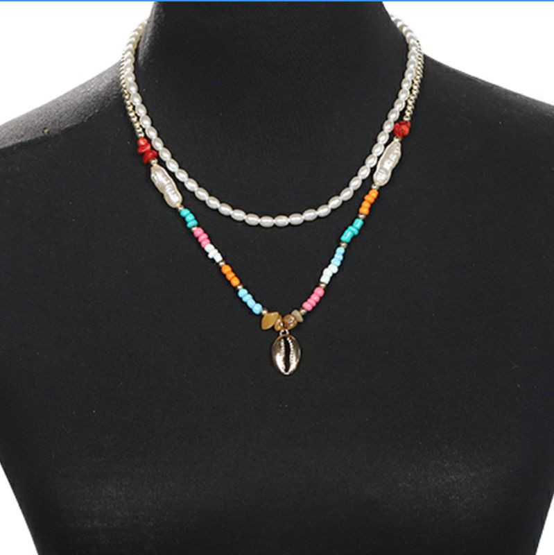 Fashion Beads Gravel Metal Shell Pendant Gold Round Bead Necklace Bohemian Style Necklace