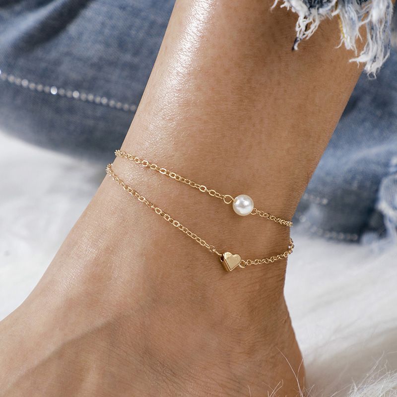 Fashion New Love Pearl Anklet 2-piece Set Bohemian Alloy Multilayer Anklet Set Wholesale Nihaojewelry