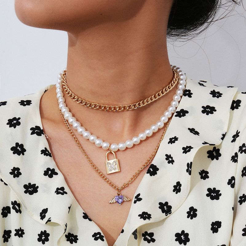 Creative Popular Jewelry Multi-layer Diamond Lock Pendant Necklace Fashion Simple Pearl Necklace Wholesale Nihaojewelry
