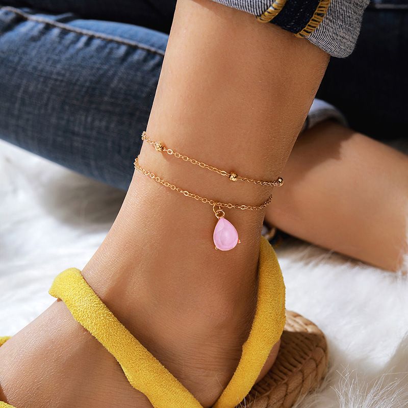 Pink Drop-shaped Diamond Anklet 2 Piece Set Simple All-match Alloy Round Bead Anklet Set Wholesale Nihaojewelry
