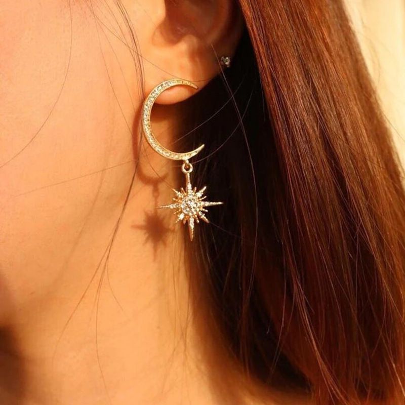 Fashion Simple Diamond Eight-pointed Star Moon Earrings Alloy Earrring Crescent Star Earrings S925 Silver Needle Earrings Nihaojewelry
