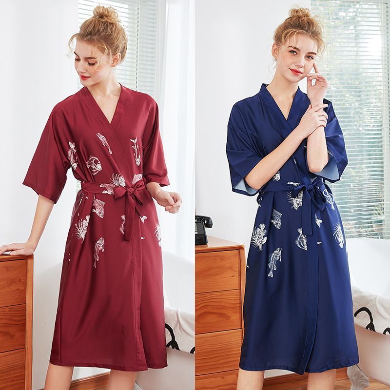 Fashion Simple Silk Pajamas Women Summer Long Red Nightgown Dressing Gown Wholesale Nihaojewelry
